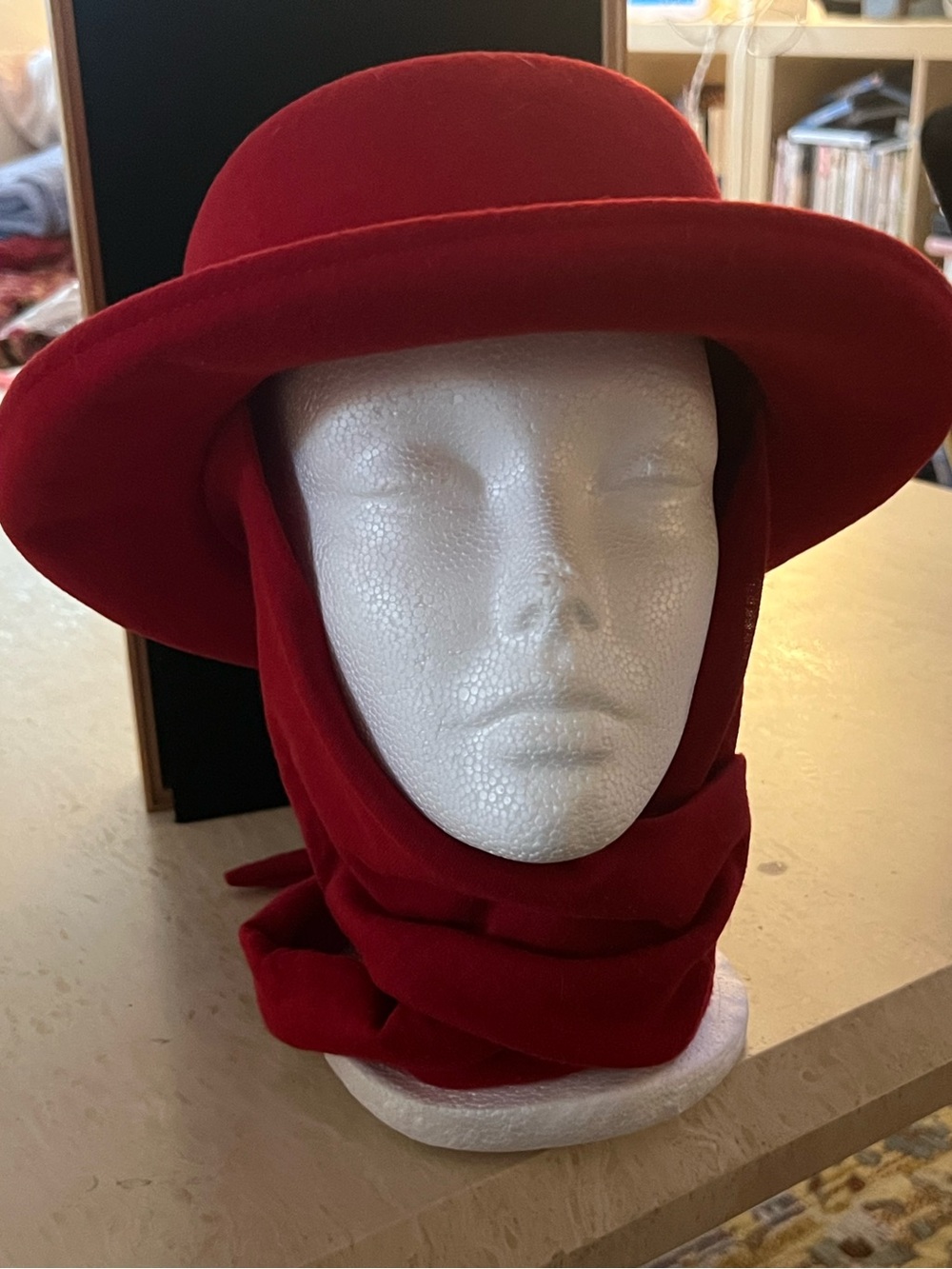 Vintage Red Wool Hat with Scarf Excellent!